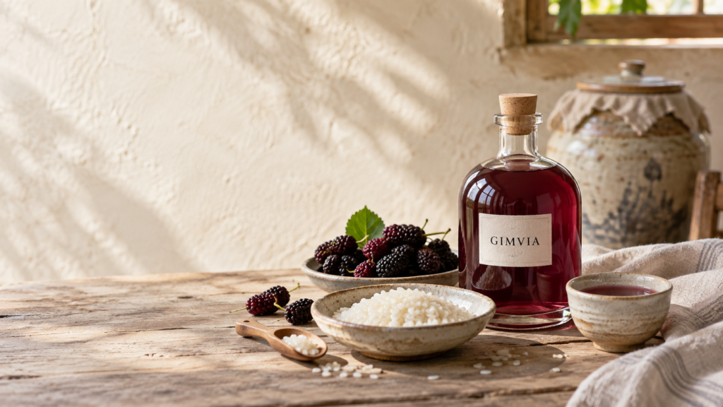 GIMVIA mulberry rice wine concept bottle with mulberries and glutinous rice